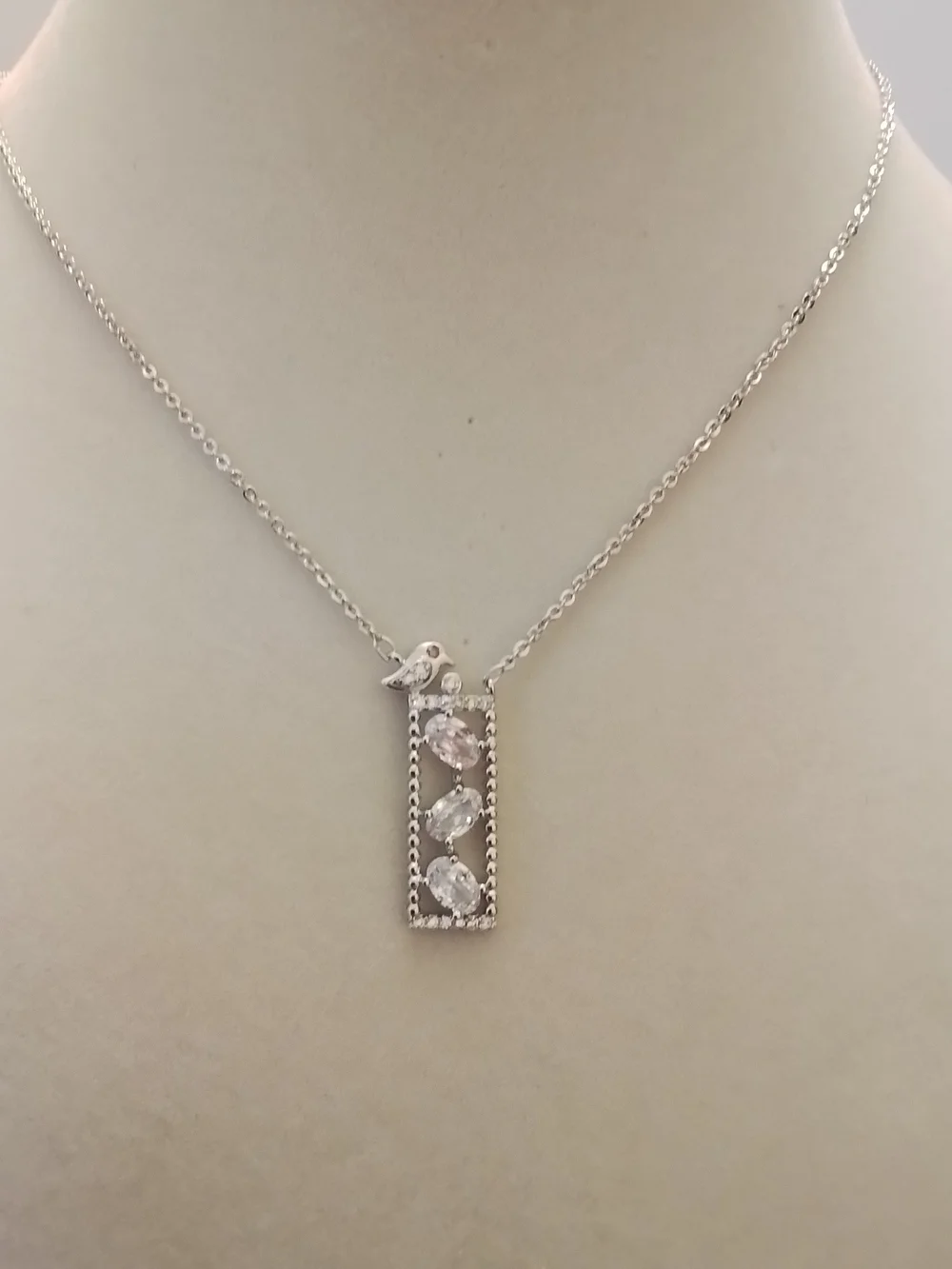 Pretty Bird Silver Necklace with Clear and Pink CZ Stones